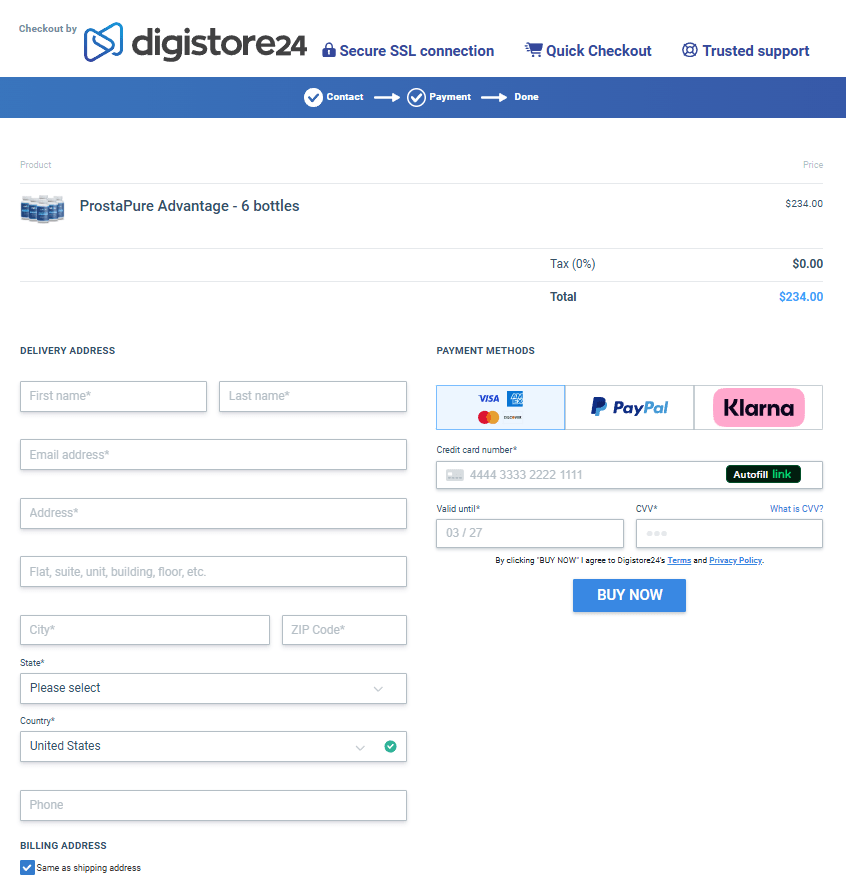 ProstaSlim order checkout page